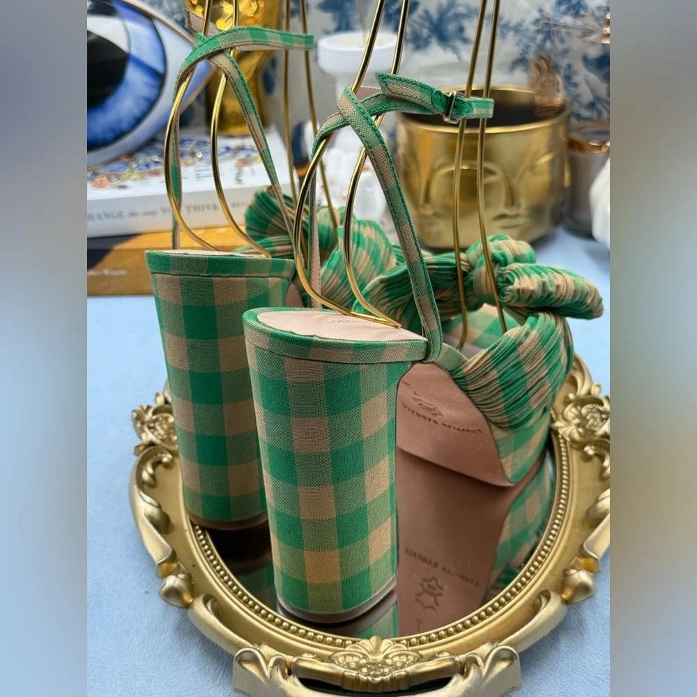 🆕 LOEFFLER RANDALL 🧿 NWOB Natalia Pleated Bow Platform Sandal, Plaid Green Sz7